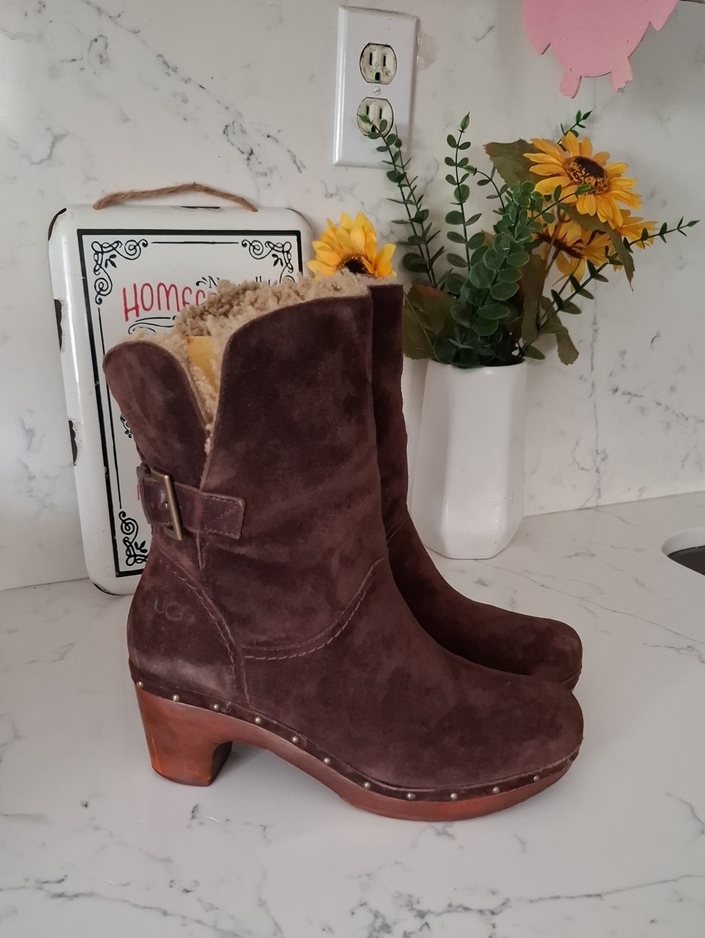UGG Brown Suede Shearling-Lined Clog Heeled Boots